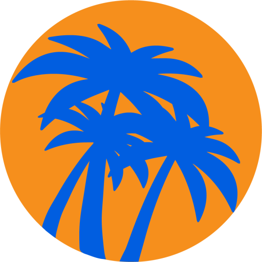 Blue palm trees silhouette inside an orange circle on a white background.