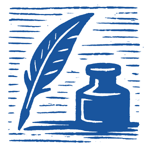 Blue illustration of a quill pen next to an inkwell, with horizontal lines in the background.