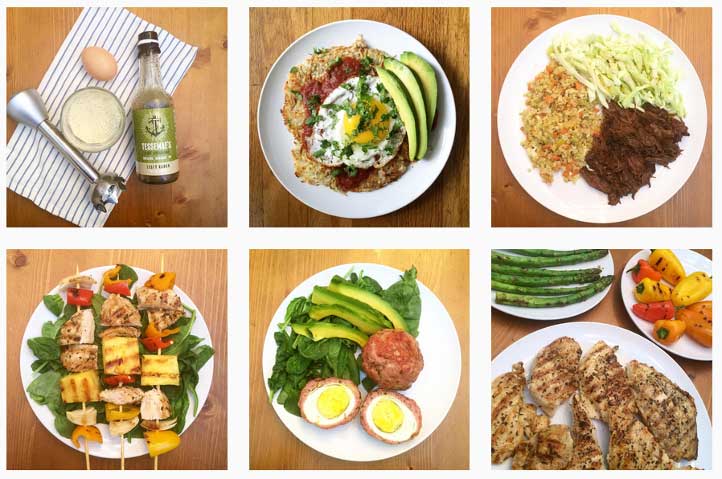 Six plates with keto-friendly meals, including salads, grilled meats, eggs, and vegetables on a wooden table.