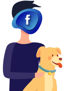 Illustration of a person with a Facebook logo for a face, petting a happy yellow dog.