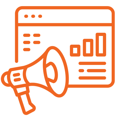 Orange icon of a megaphone in front of a webpage with graphs and text, representing digital marketing.