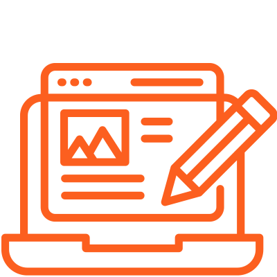Orange outline of a laptop displaying a webpage with a large pencil icon, symbolizing content creation or blogging.