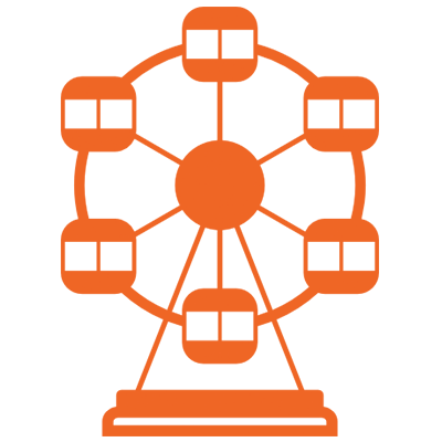 Orange Ferris wheel icon with six cabins on a light gray background.