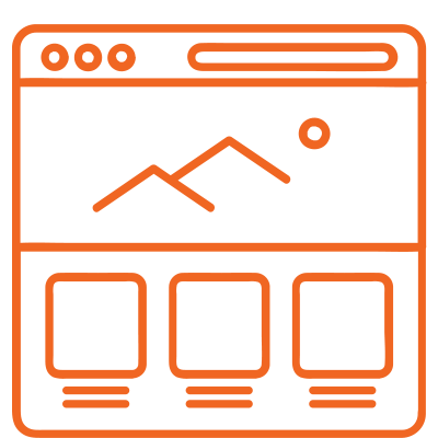 Orange outline of a web page with an image icon and three boxes below, representing a website layout.