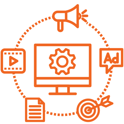 Orange digital marketing icons: computer, megaphone, ad, video, document, and target, connected in a dotted circle.