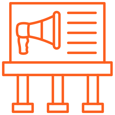 Orange outline of a billboard with a megaphone and horizontal lines, representing advertising.