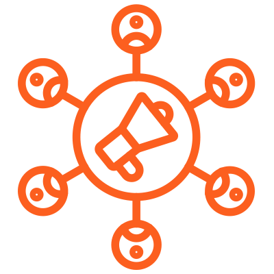 Orange megaphone in center, connected to six circles with faces, symbolizing communication or social network.