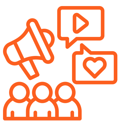 Orange icons of a megaphone, three people, a play button, and a heart in speech bubbles on a light background.
