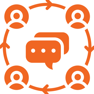 Orange icons of people connected in a circle with chat bubbles in the center, symbolizing communication.