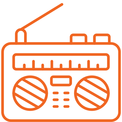 Orange outline of a retro radio with dials, speaker grills, and an antenna.