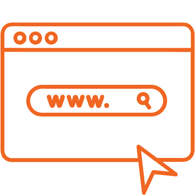 Orange outline of a web browser window with "www." in a search bar and a large arrow cursor.