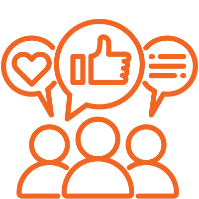 Three people with speech bubbles showing a heart, thumbs up, and lines representing text.