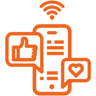 Orange outline of a smartphone with WiFi, thumbs up, and heart icons in speech bubbles.