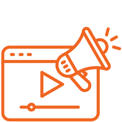 Orange outline of a web video player with a play button and a megaphone symbol overlayed.