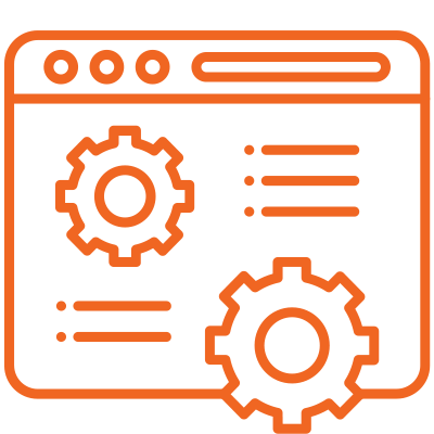 Orange outline of a web browser window with two gears and text lines, symbolizing web settings or development.