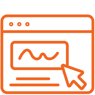 Orange outline of a web browser window with a graph and a cursor arrow on a light background.