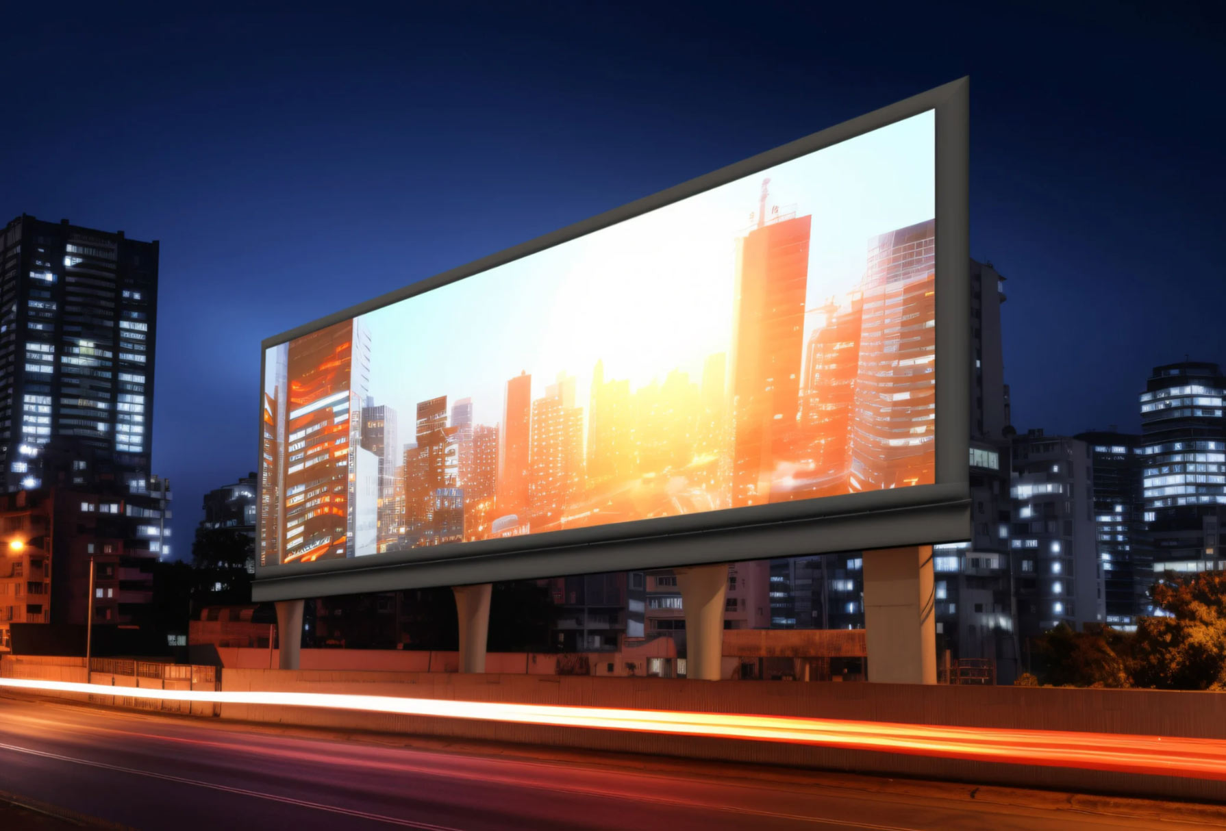 Large illuminated billboard displaying a cityscape at sunset, set against a city skyline at night.